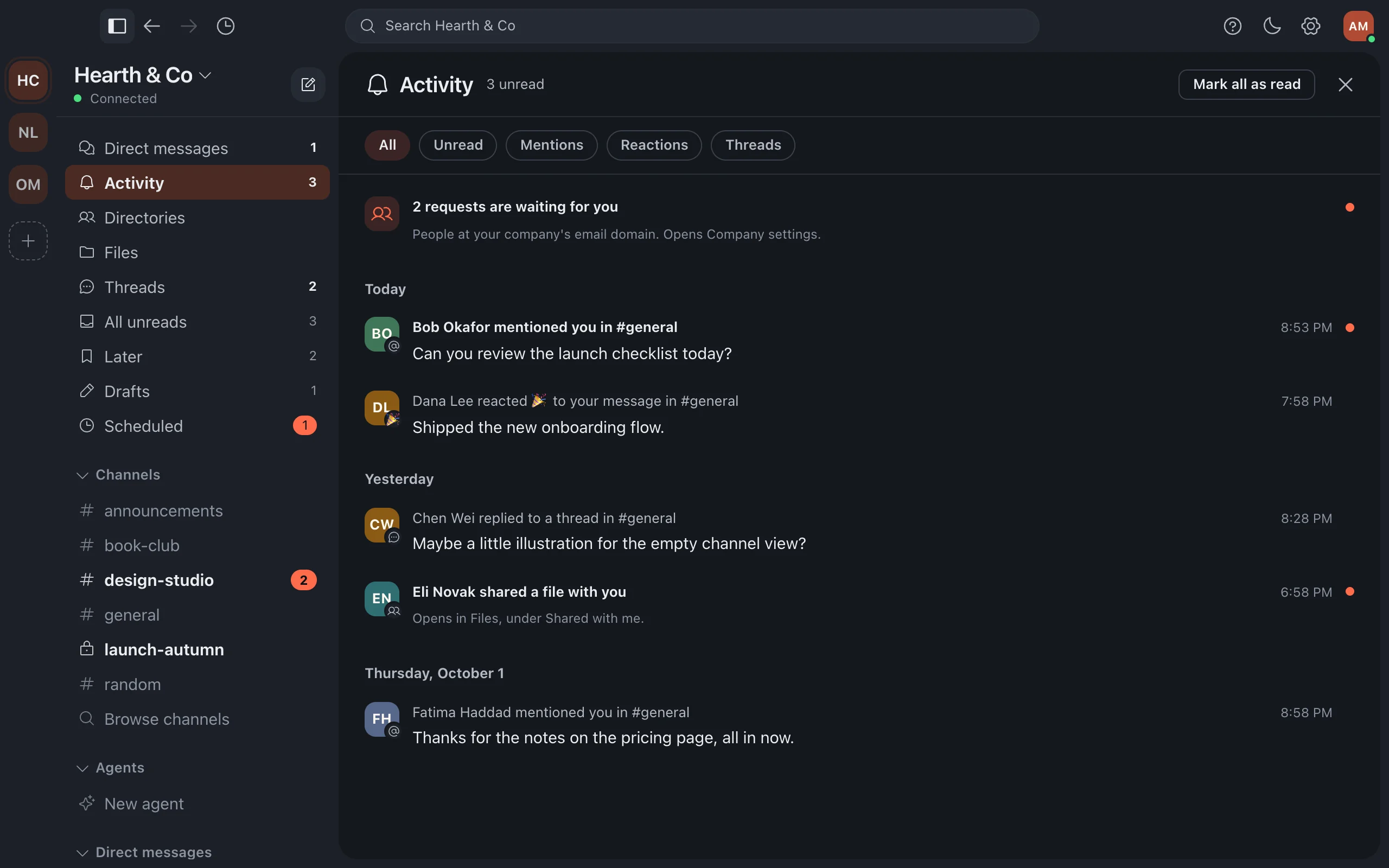 Activity, listing mentions, thread replies and requests that need you.