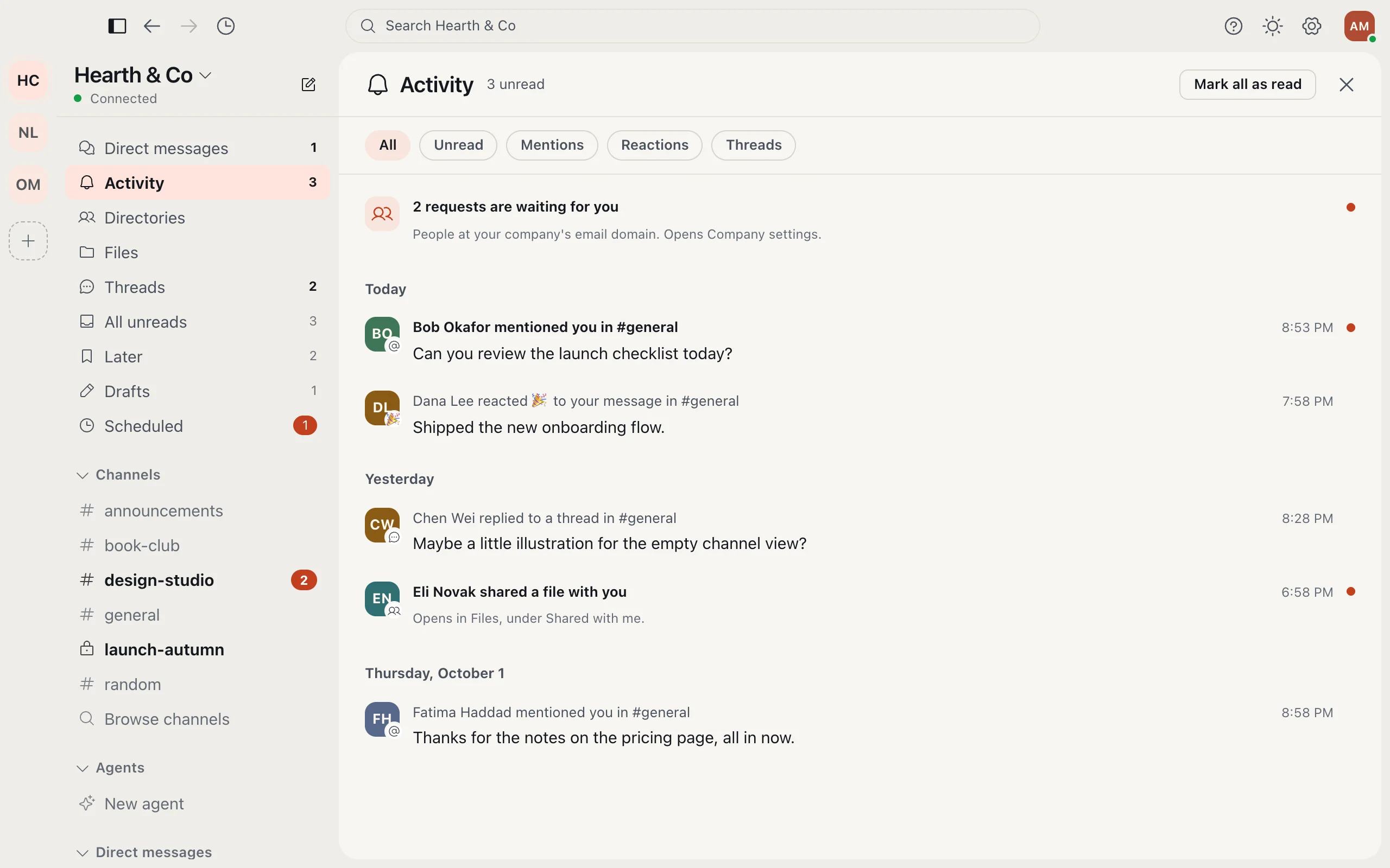 Activity, listing mentions, thread replies and requests that need you.