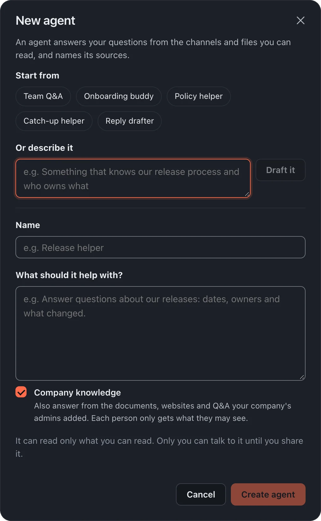 The New agent window with ready-made starting points and a box to describe your own.