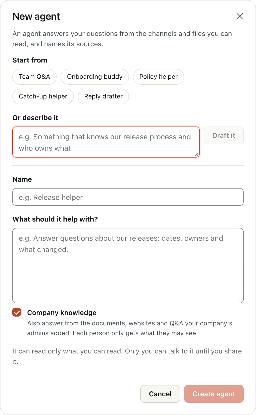 The New agent window with ready-made starting points and a box to describe your own.