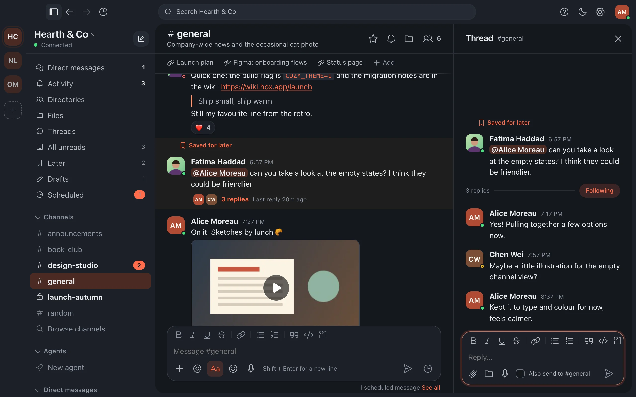 A channel with a thread open on the right, showing its replies.