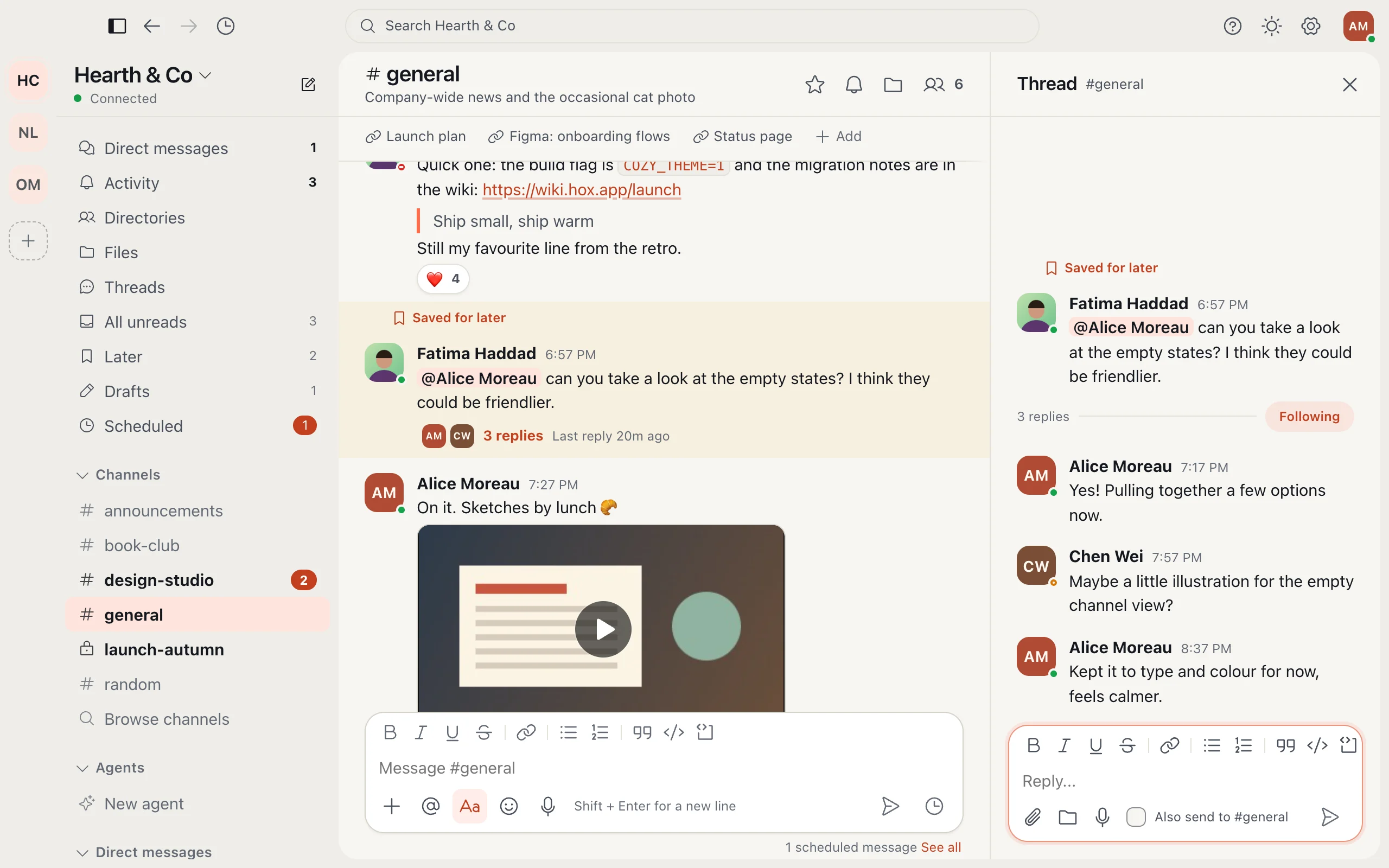 A channel with a thread open on the right, showing its replies.