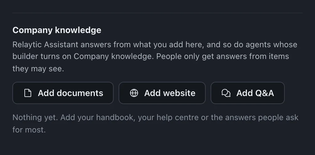 Company settings at Company knowledge, with Add documents, Add website and Add Q&A.