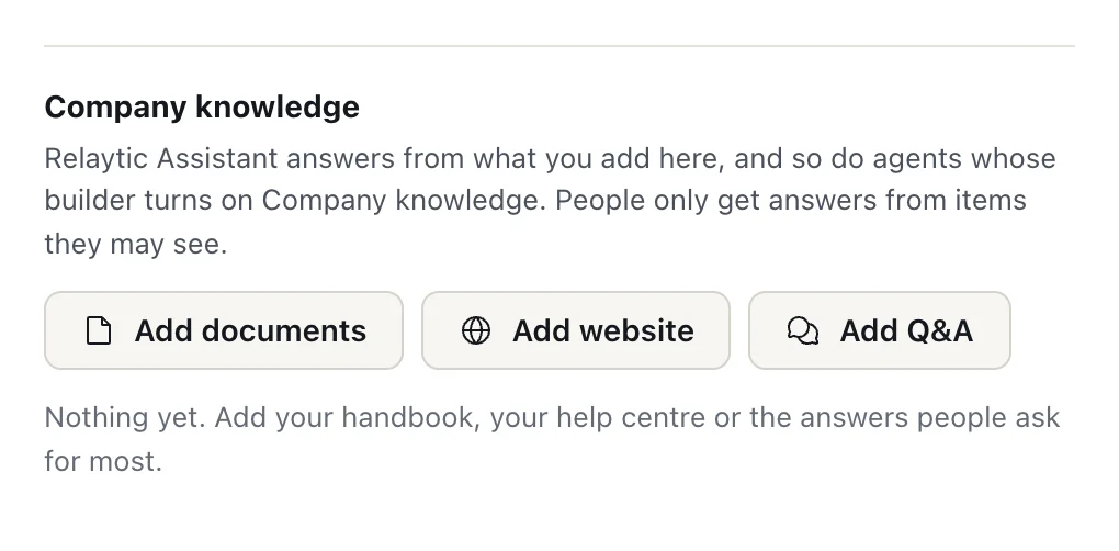 Company settings at Company knowledge, with Add documents, Add website and Add Q&A.