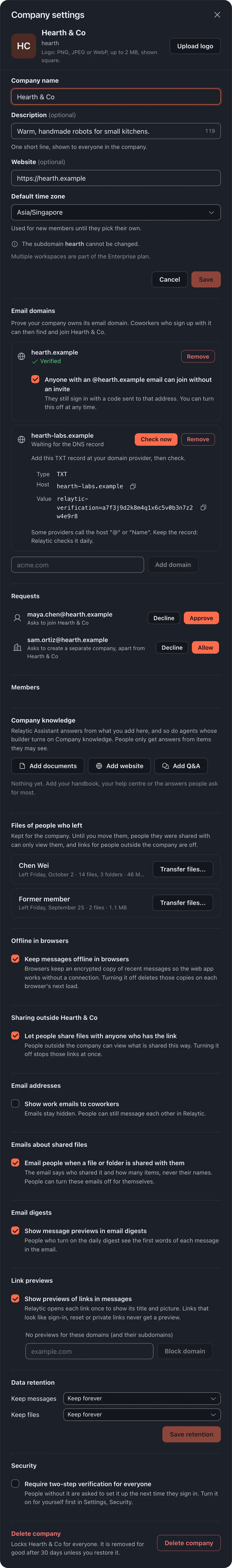 Company settings with the logo, name, description, website and time zone.