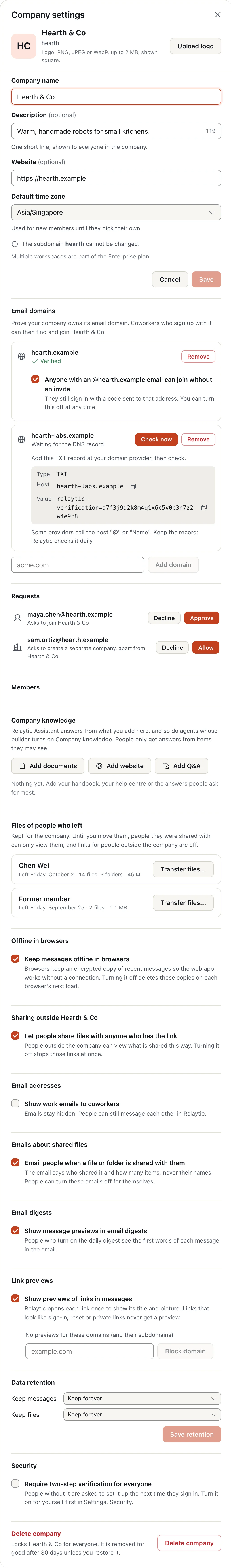 Company settings with the logo, name, description, website and time zone.