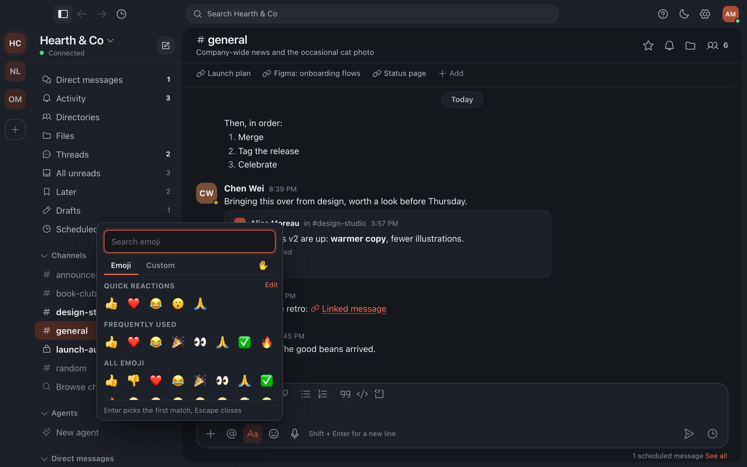 The emoji picker open over the message box, with quick reactions and custom emoji.
