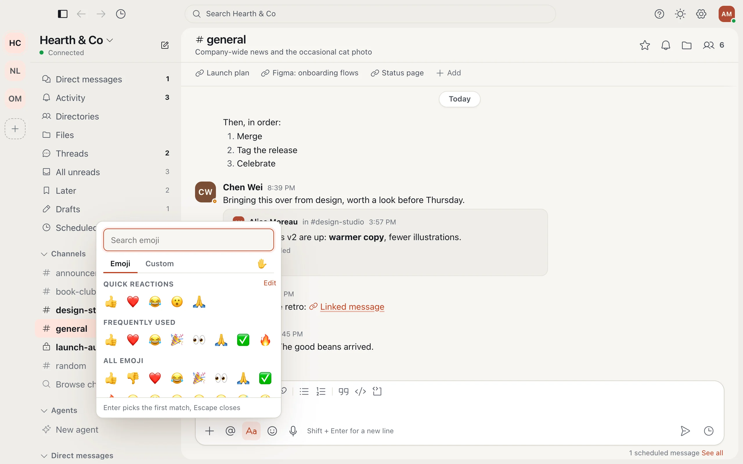 The emoji picker open over the message box, with quick reactions and custom emoji.
