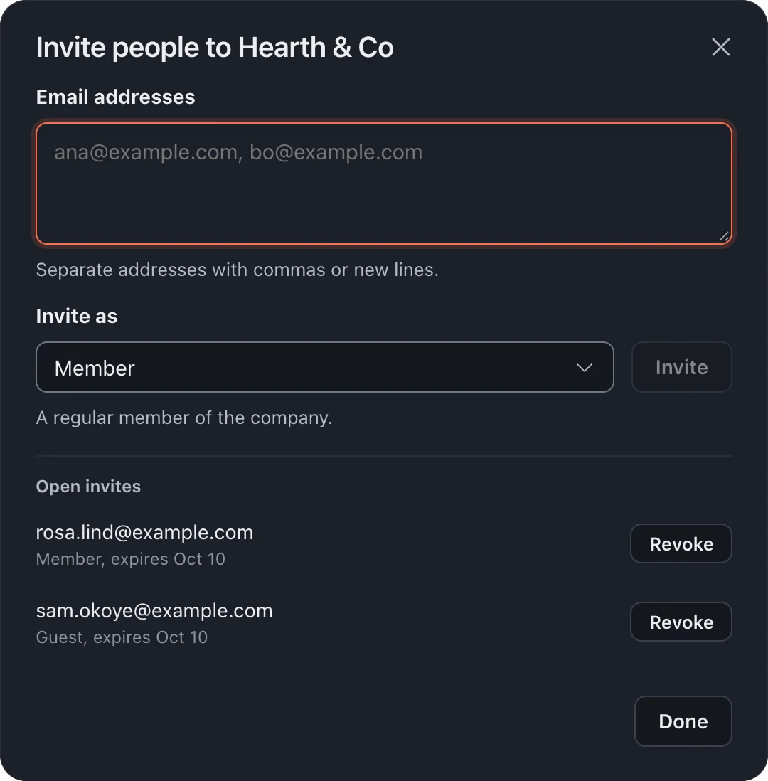 The Invite people window with email addresses, a role and open invites.
