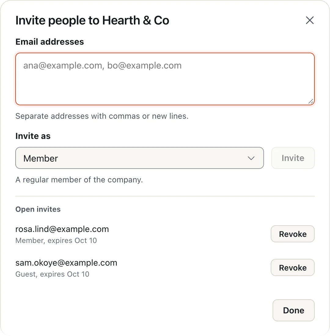 The Invite people window with email addresses, a role and open invites.