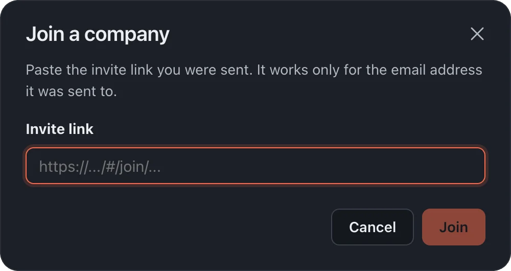 The Join a company window with a box for the invite link.