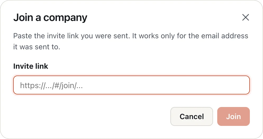 The Join a company window with a box for the invite link.