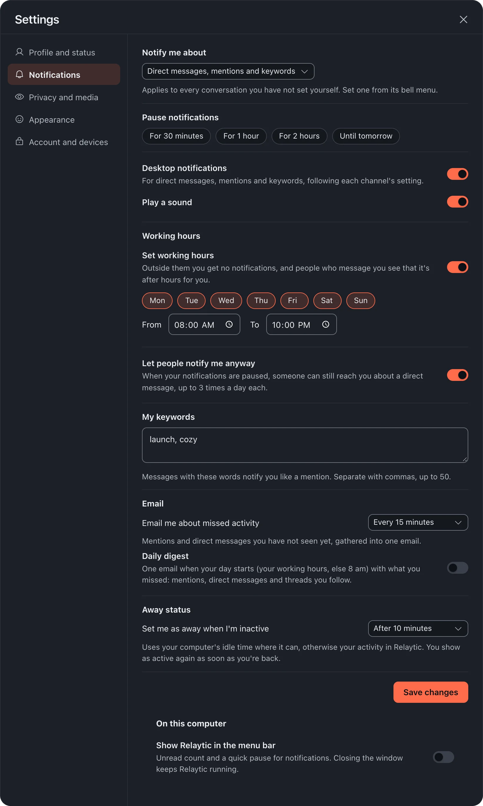 Notification settings: Notify me about, pausing, desktop notifications and working hours.