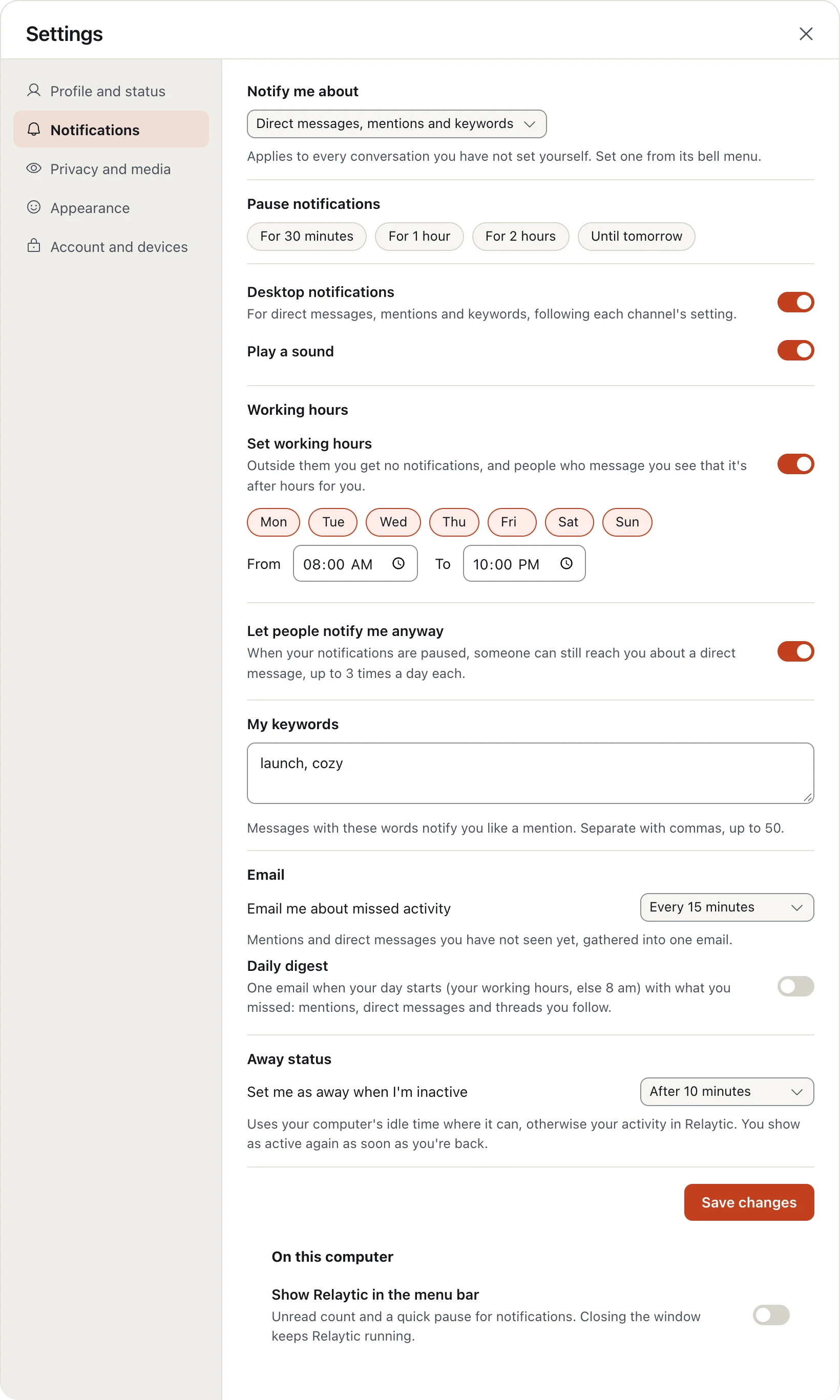 Notification settings: Notify me about, pausing, desktop notifications and working hours.