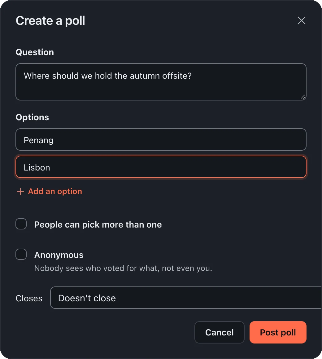 The Create a poll window with a question, options and settings.