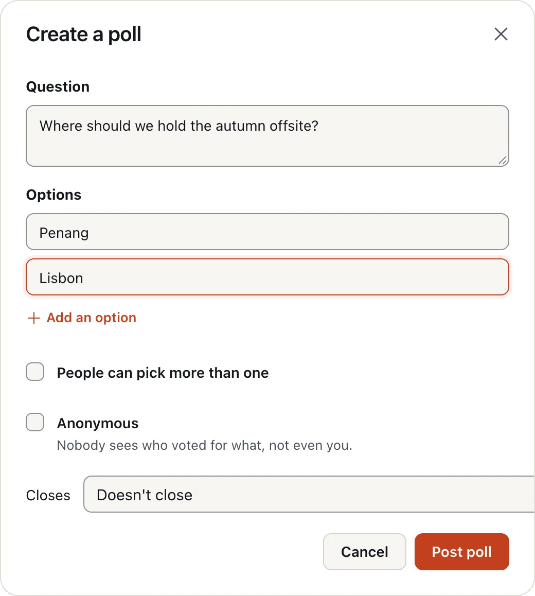 The Create a poll window with a question, options and settings.