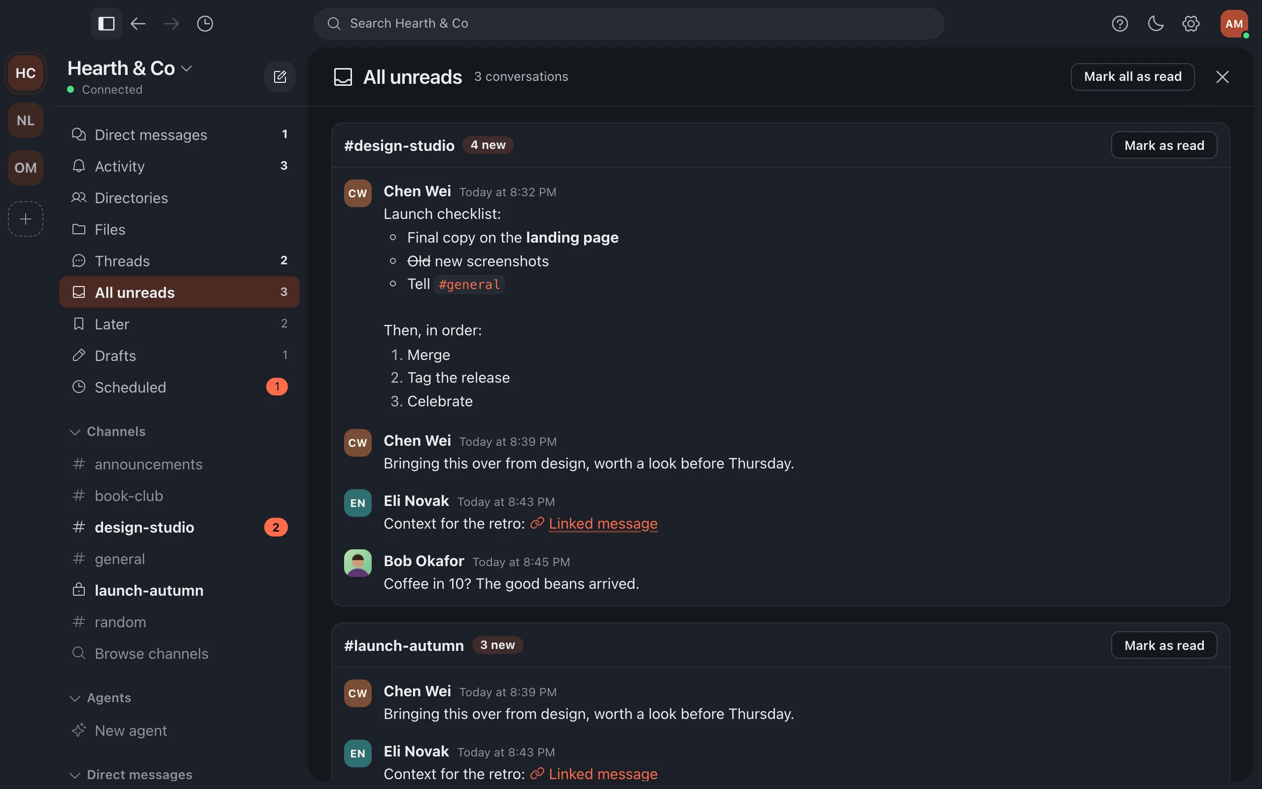 All unreads, listing each conversation's new messages with a Mark as read button.