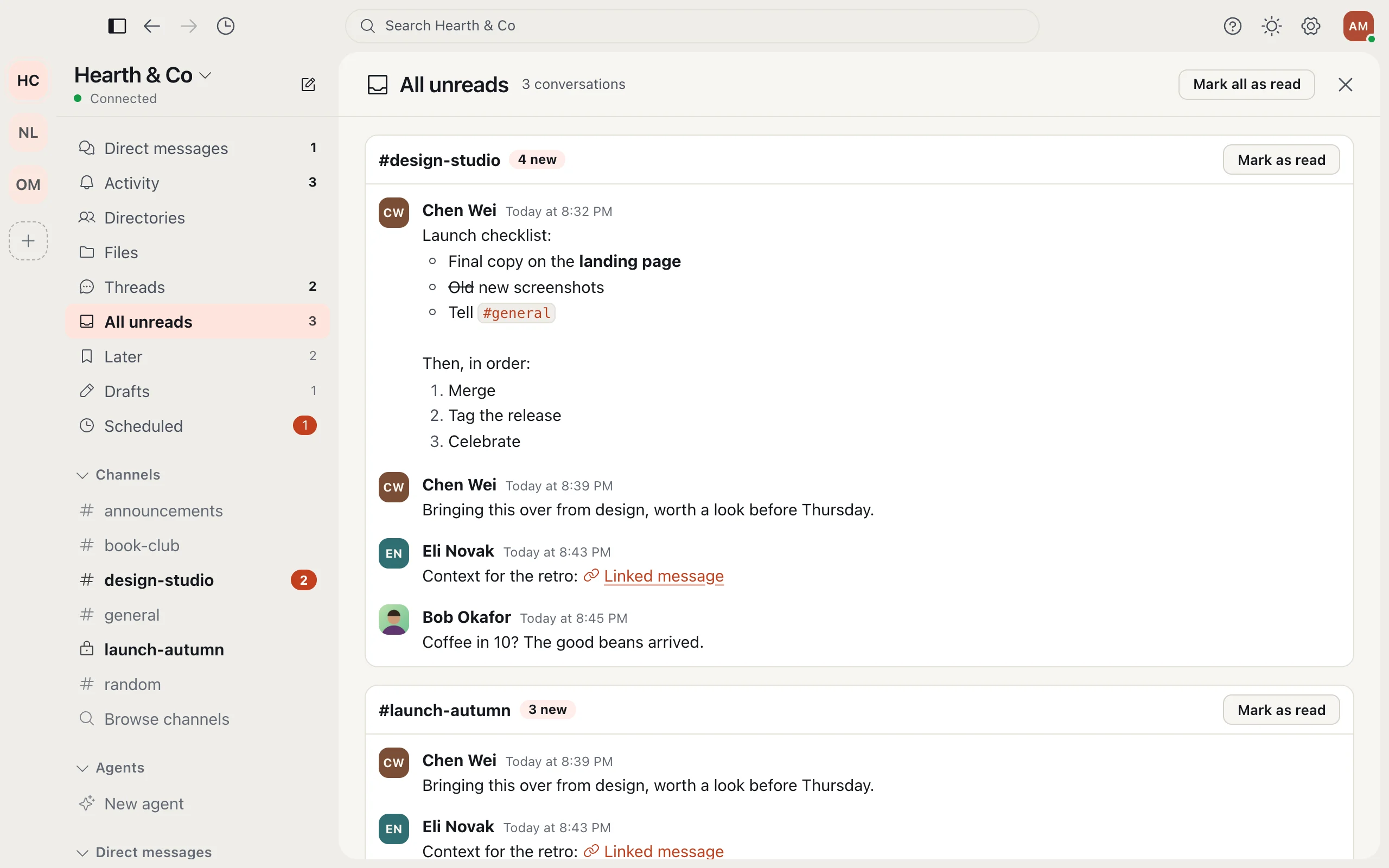 All unreads, listing each conversation's new messages with a Mark as read button.