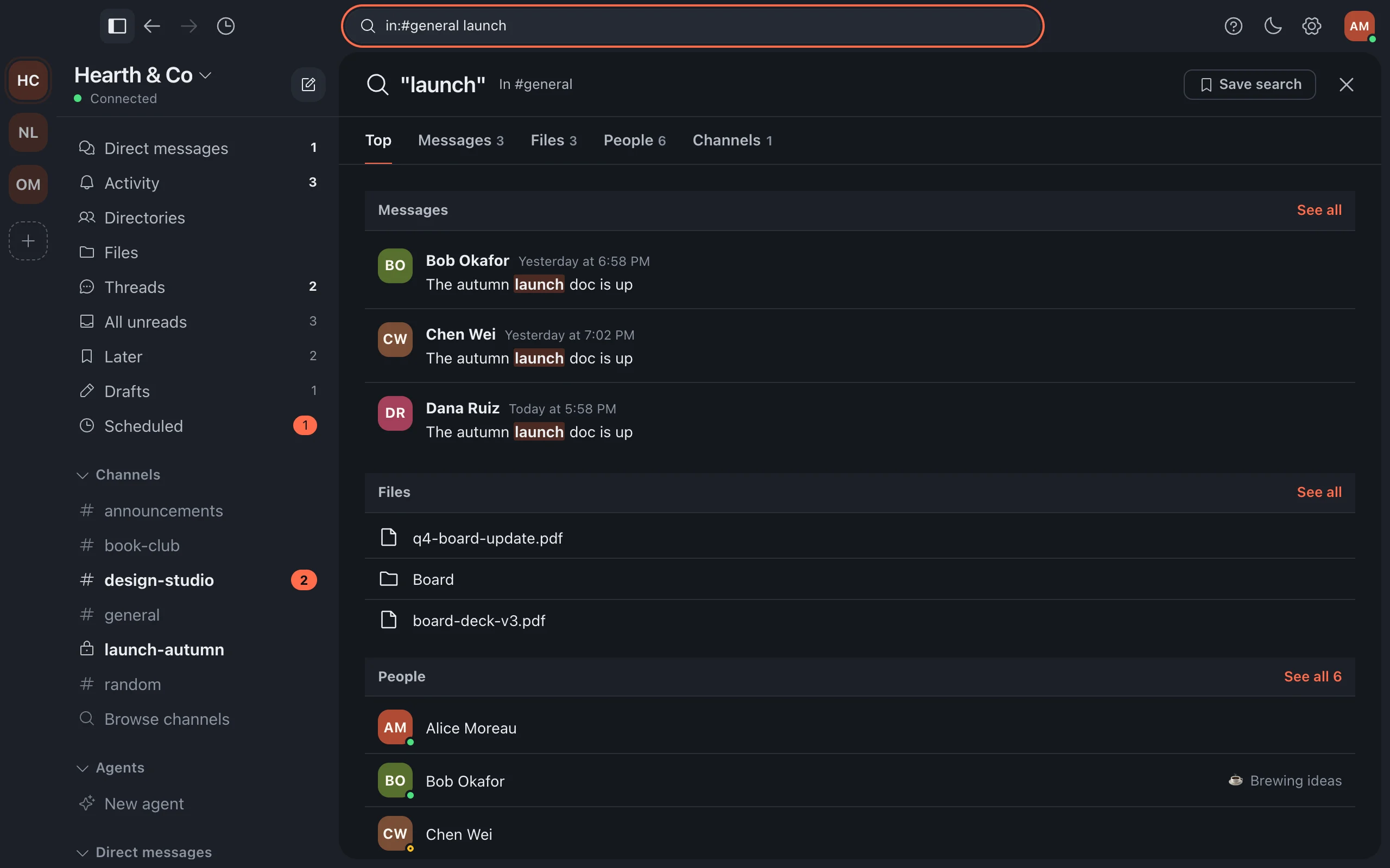 Search results for launch, split into messages, files and people.