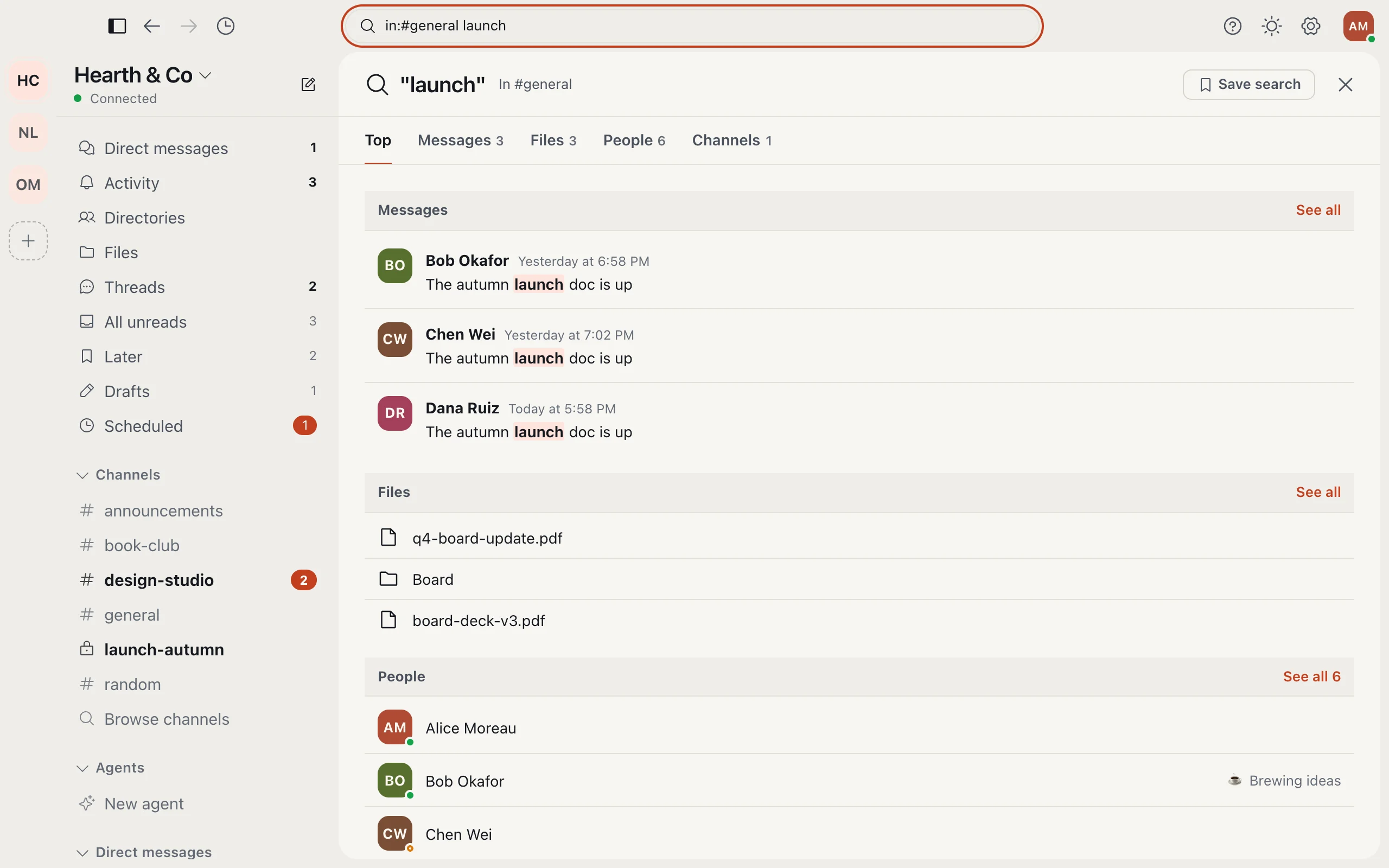 Search results for launch, split into messages, files and people.