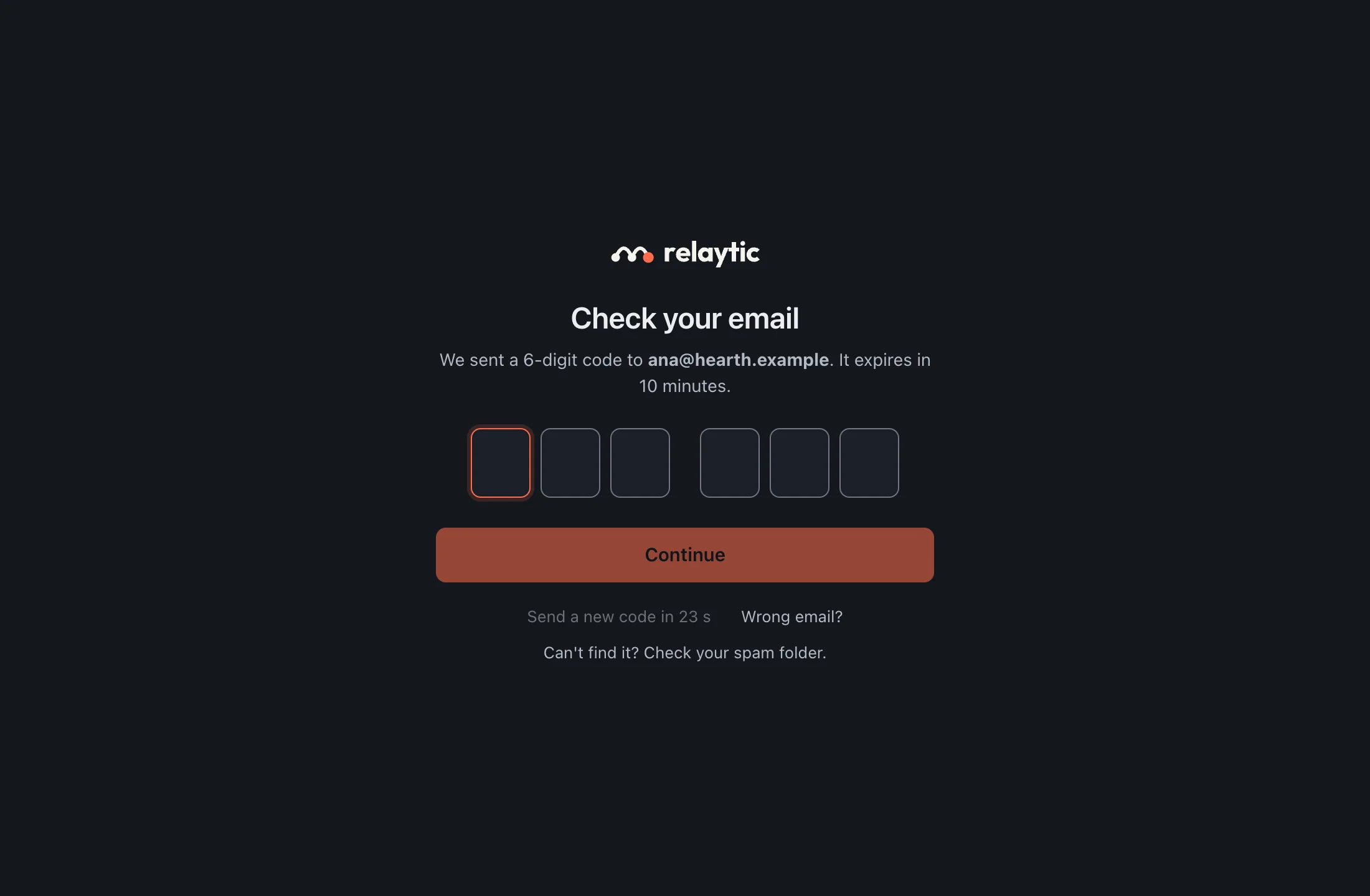 The sign-in screen asking for the six-digit code sent to your email.