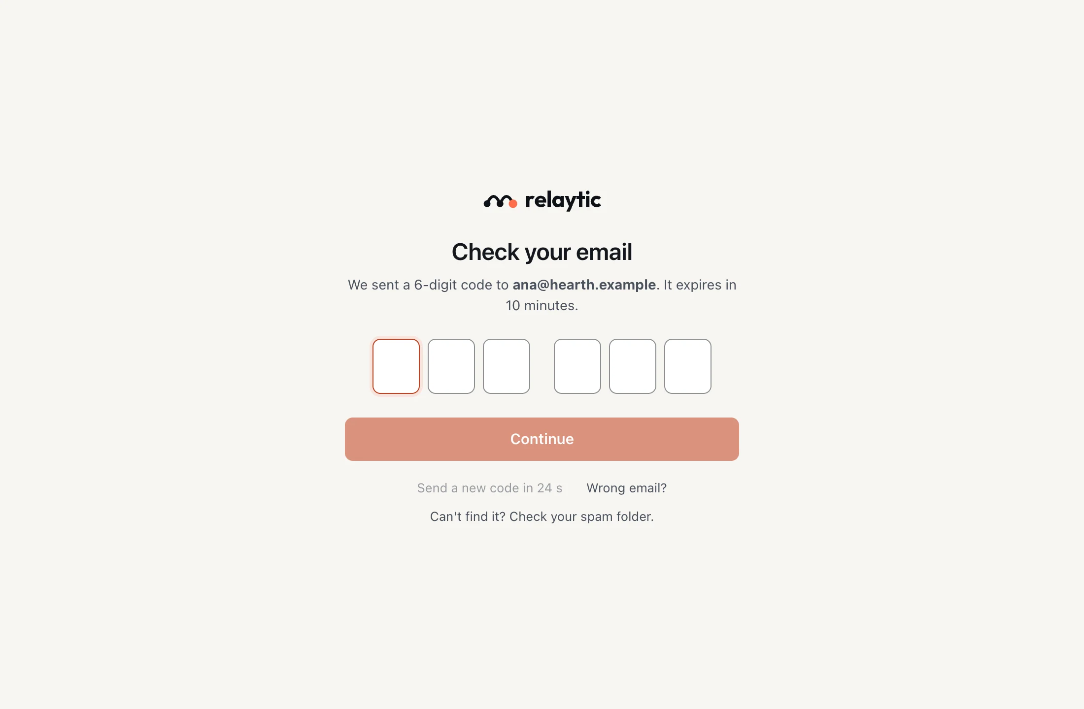 The sign-in screen asking for the six-digit code sent to your email.