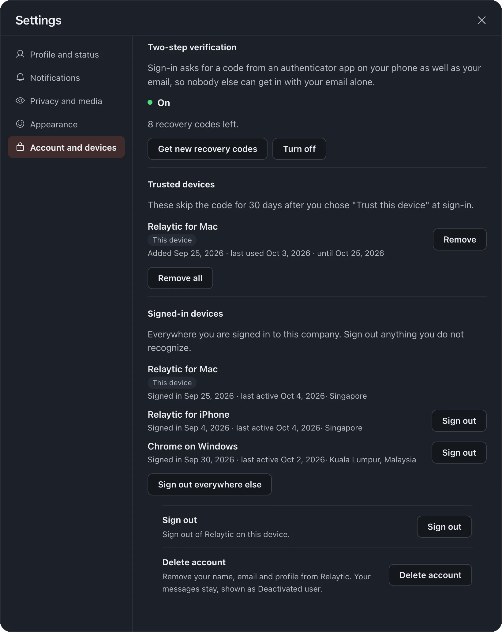 The list of signed-in devices, each with a Sign out button.