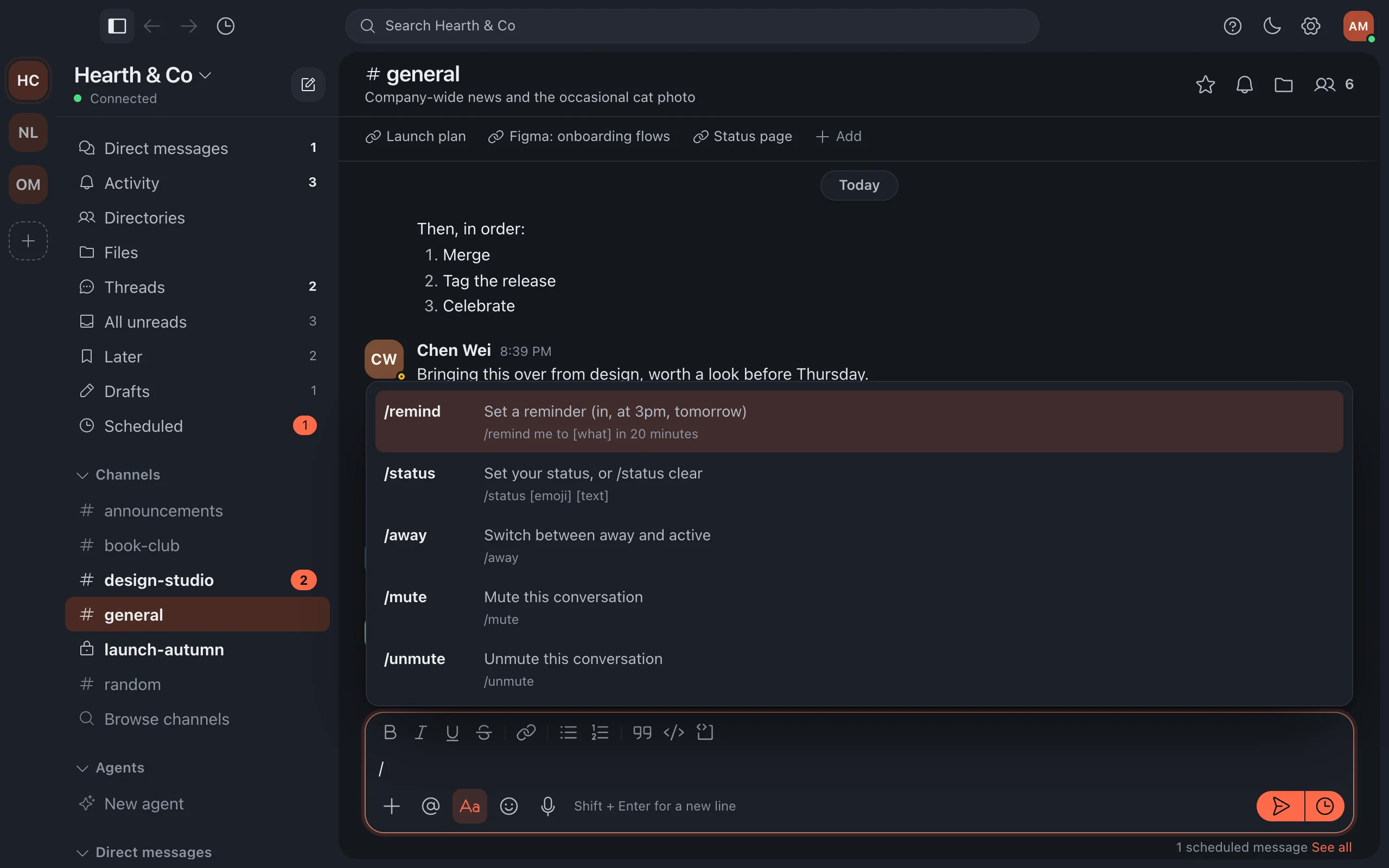 The message box after typing a slash, listing commands such as /remind and /status.