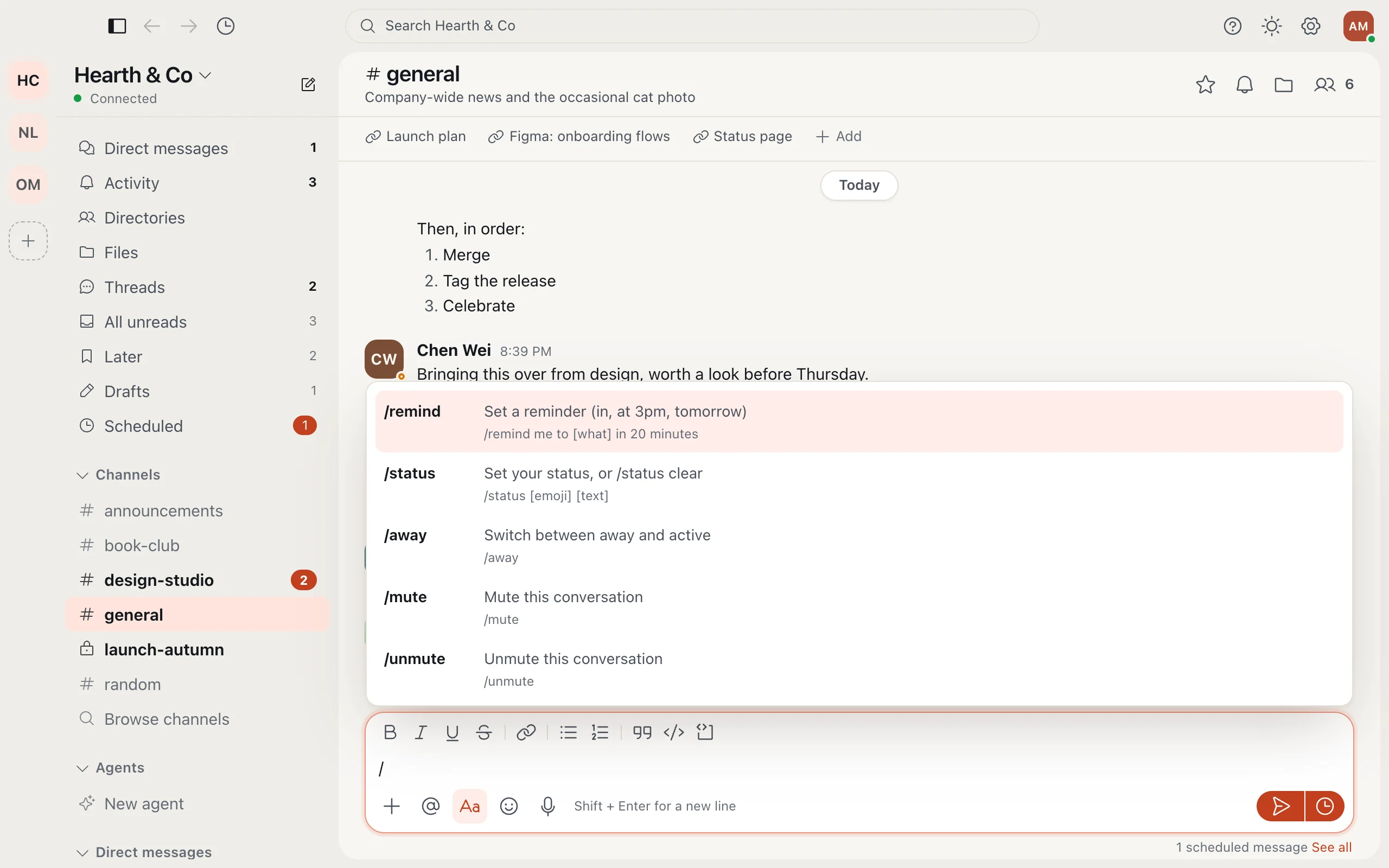The message box after typing a slash, listing commands such as /remind and /status.