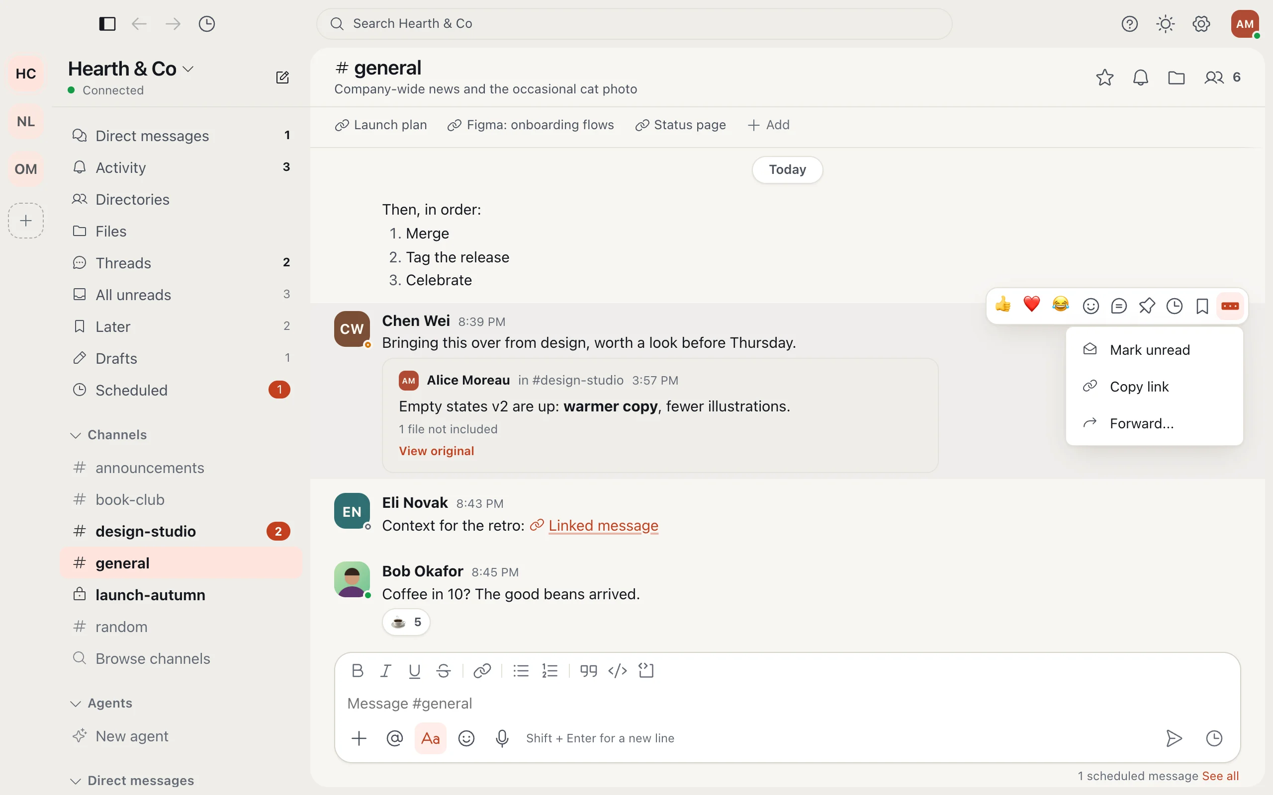 A message's More actions menu with Mark unread at the top.