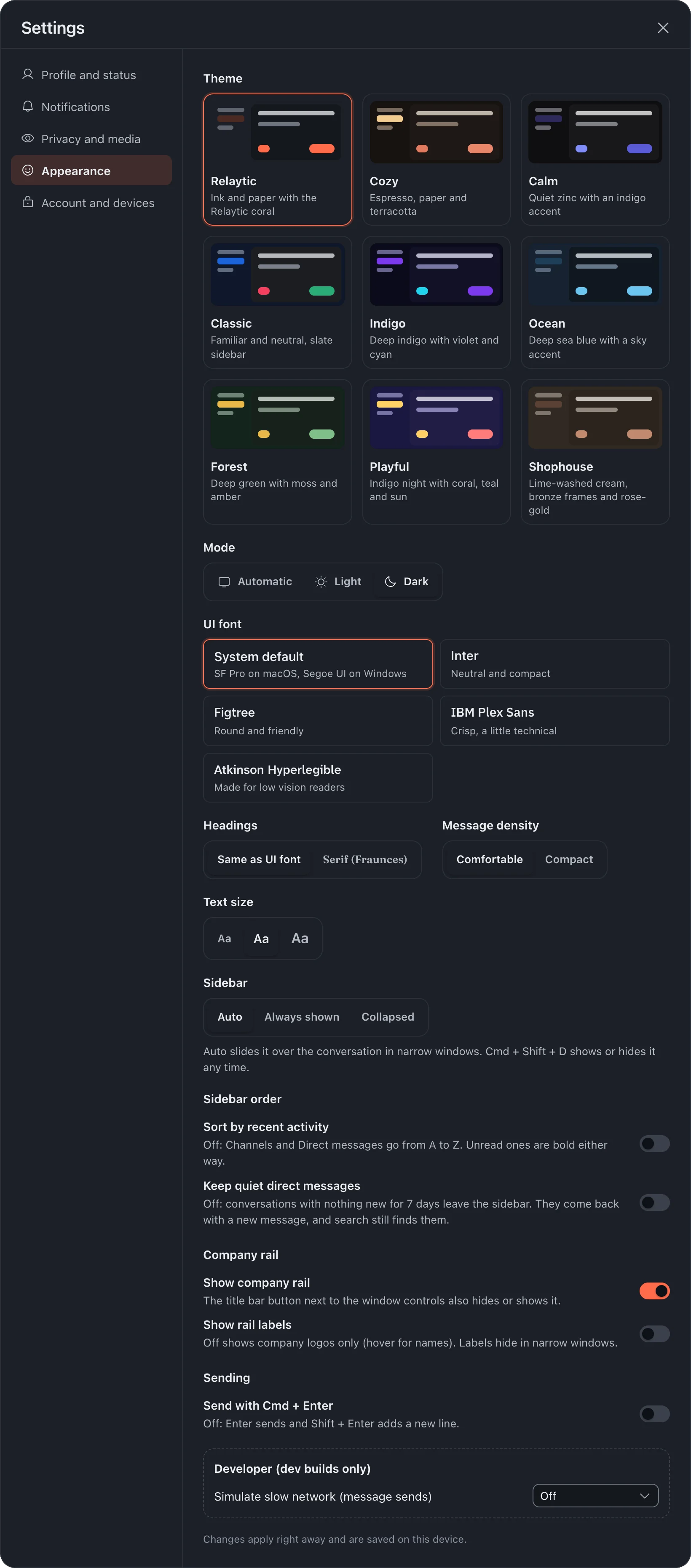 Appearance settings showing the nine themes.