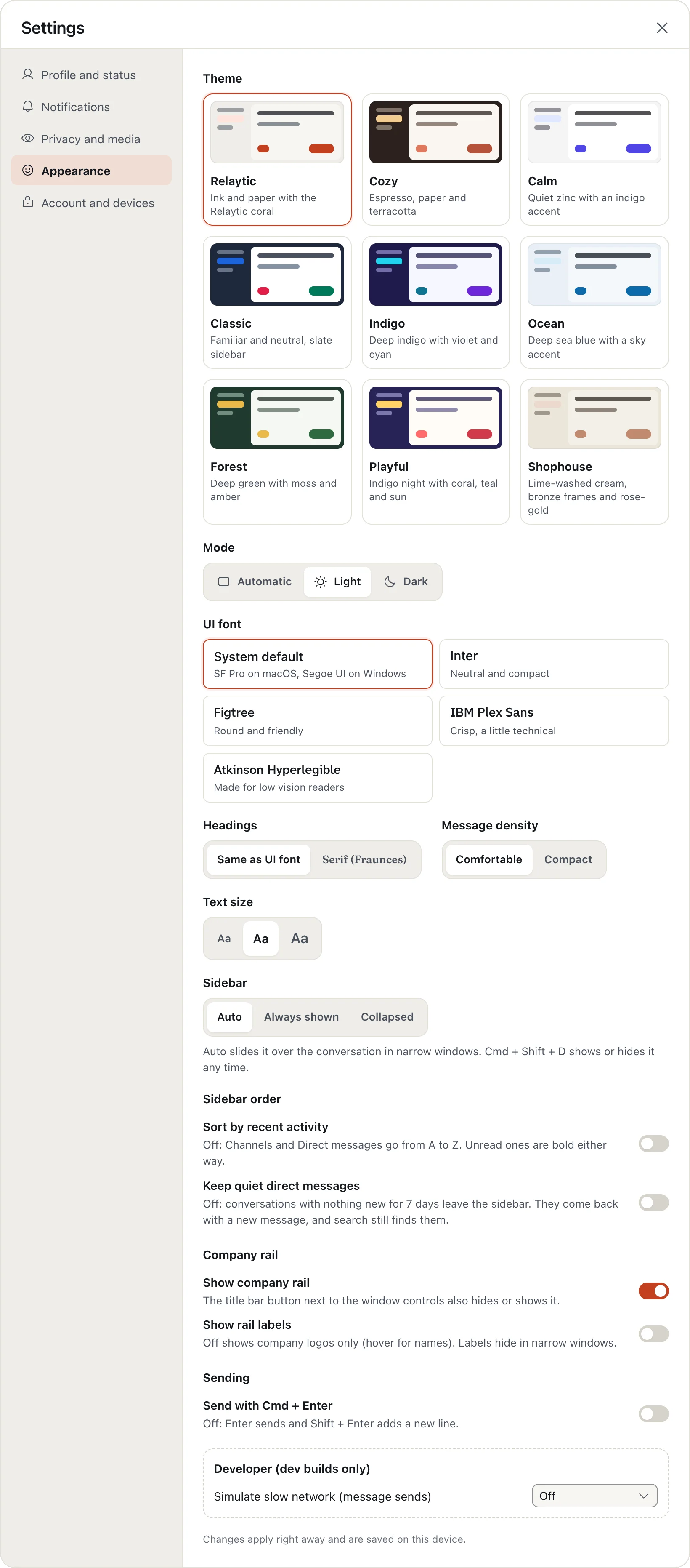 Appearance settings showing the nine themes.