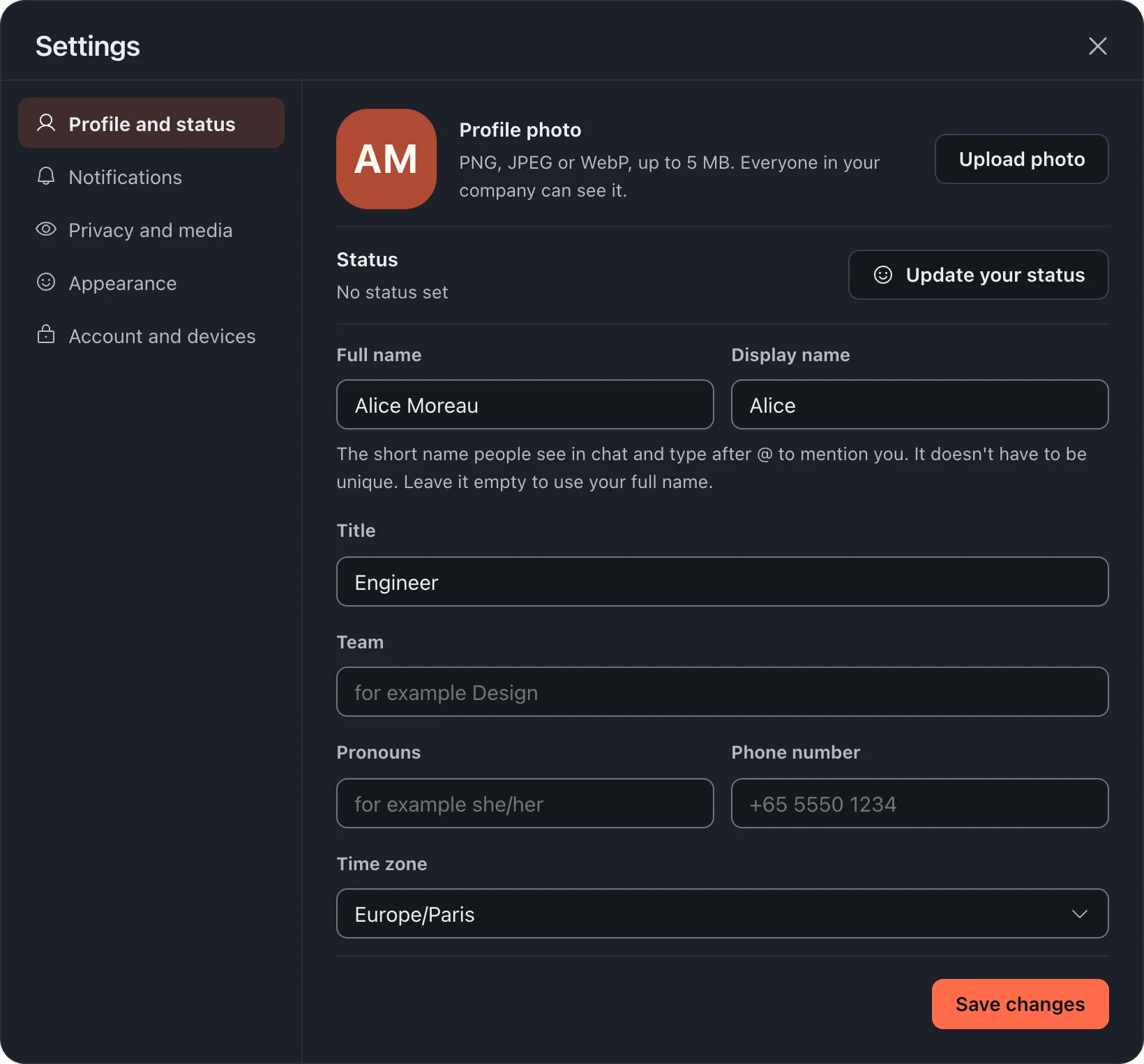 Settings open on Profile and status, with your photo, full name and display name.