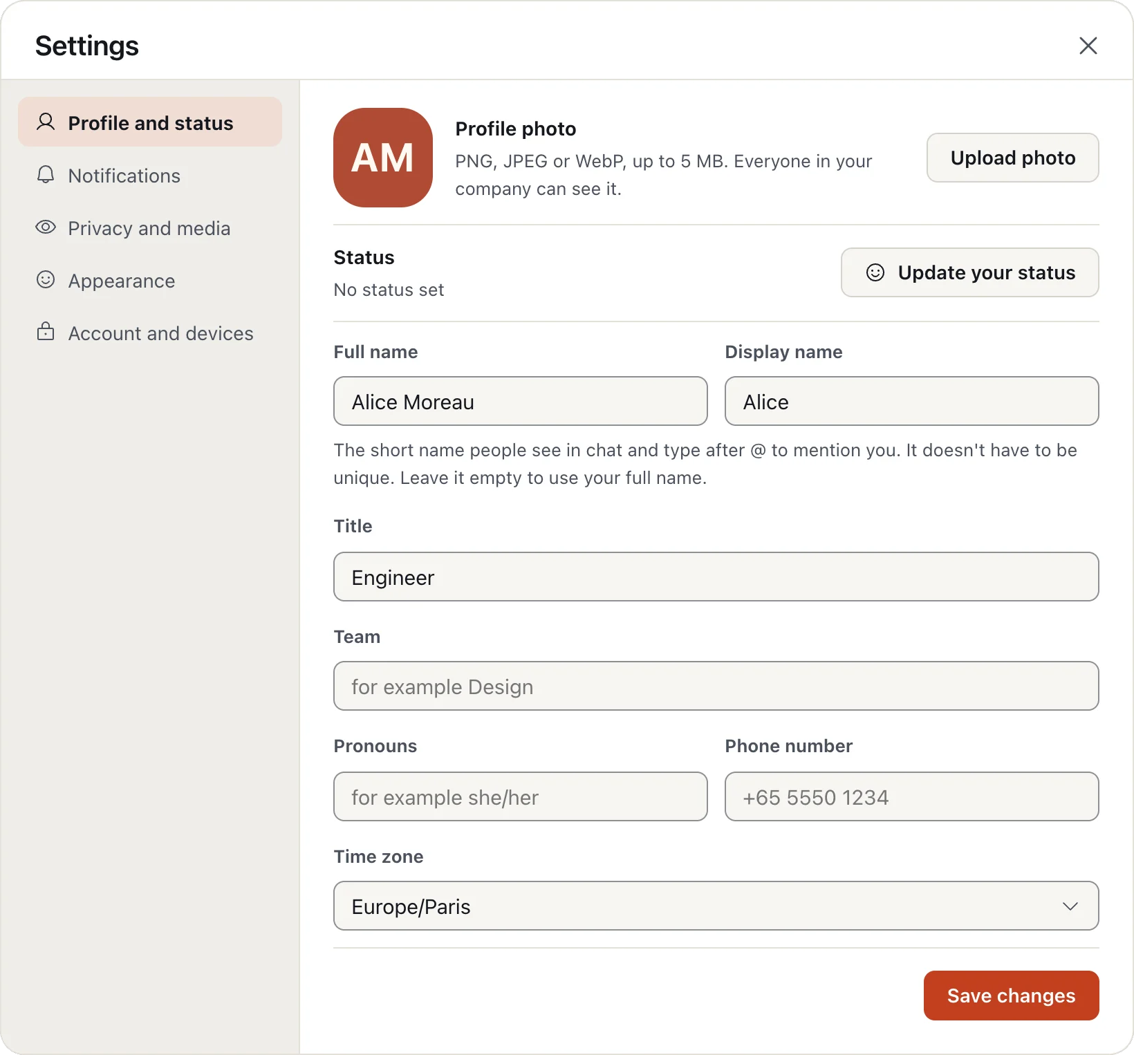 Settings open on Profile and status, with your photo, full name and display name.