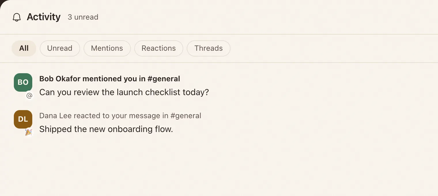 Activity: a mention and a reaction waiting for you.