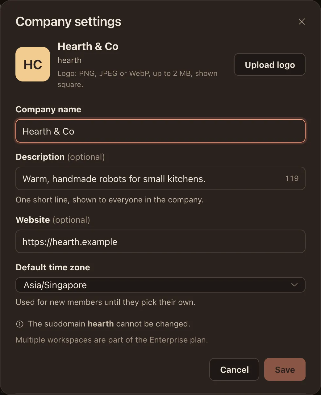 Company settings, where admins manage the company's name, logo and defaults.