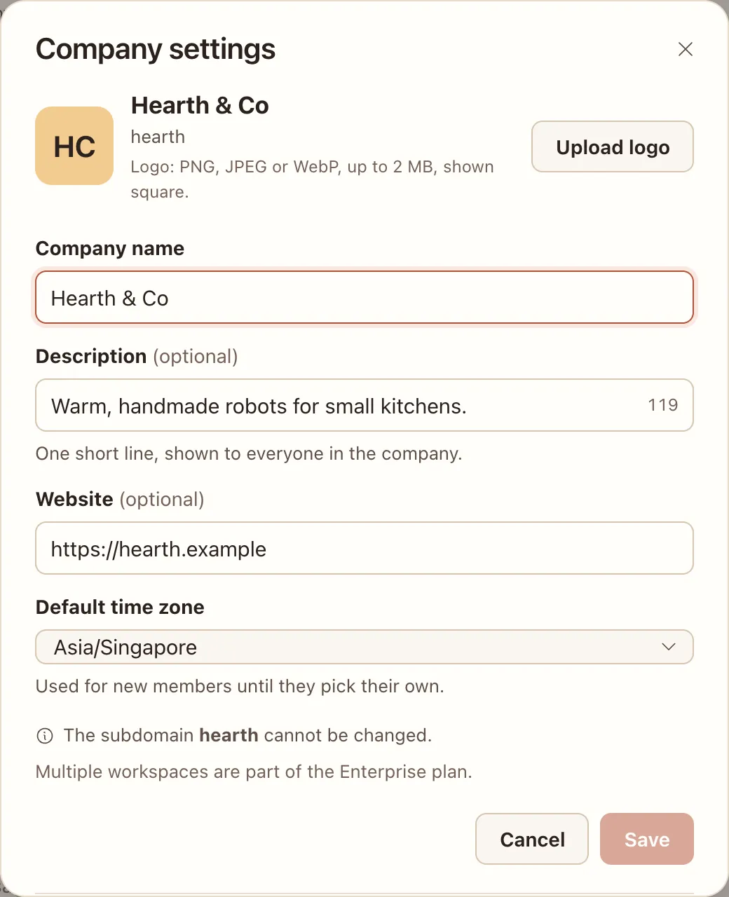 Company settings, where admins manage the company's name, logo and defaults.