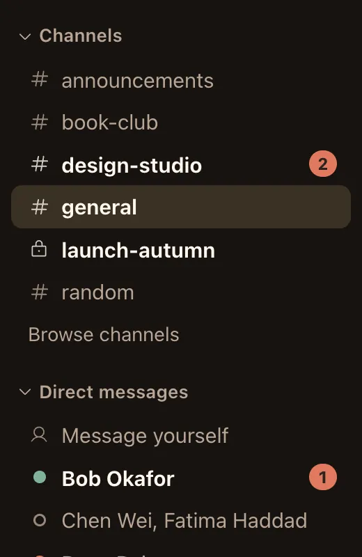 The list of channels and direct messages, with unread counts.