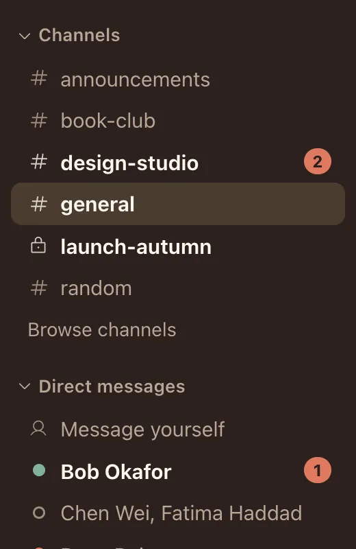 The list of channels and direct messages, with unread counts.