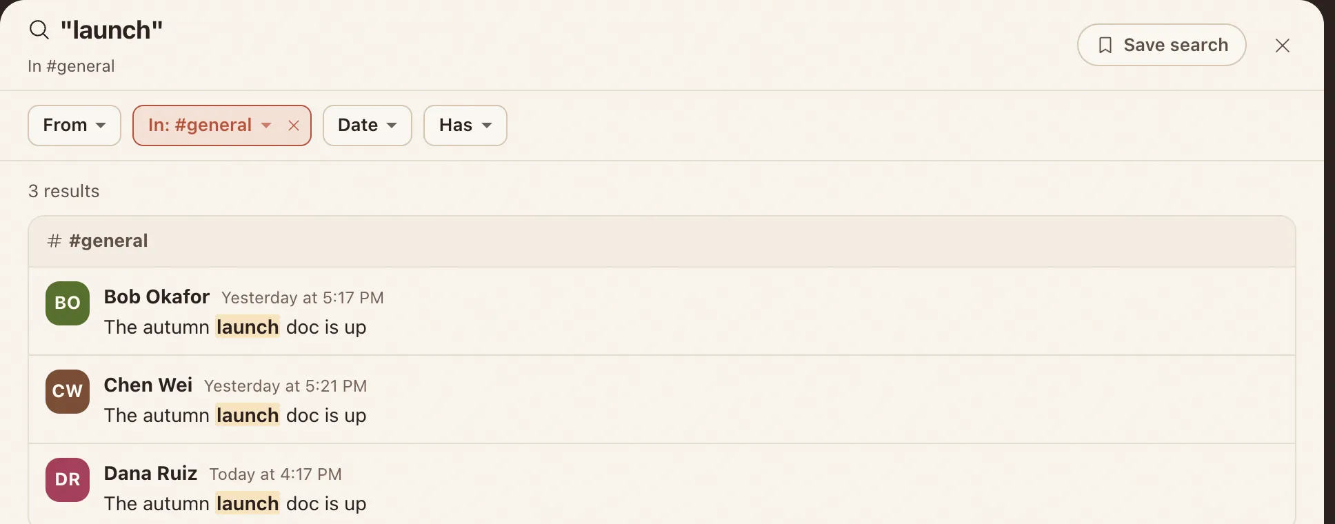 Search results for the word launch in one channel.
